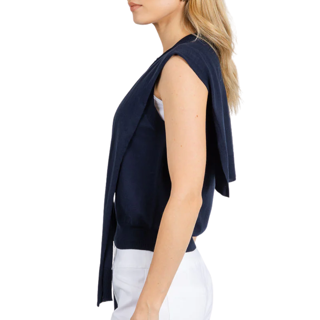 Sleeveless Button Front Vest W/ Tie Sleeves in Navy