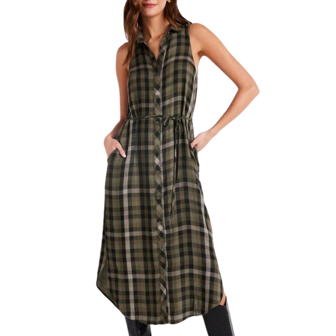 Sleeveless Button Down Midi Dress in Olive Plaid