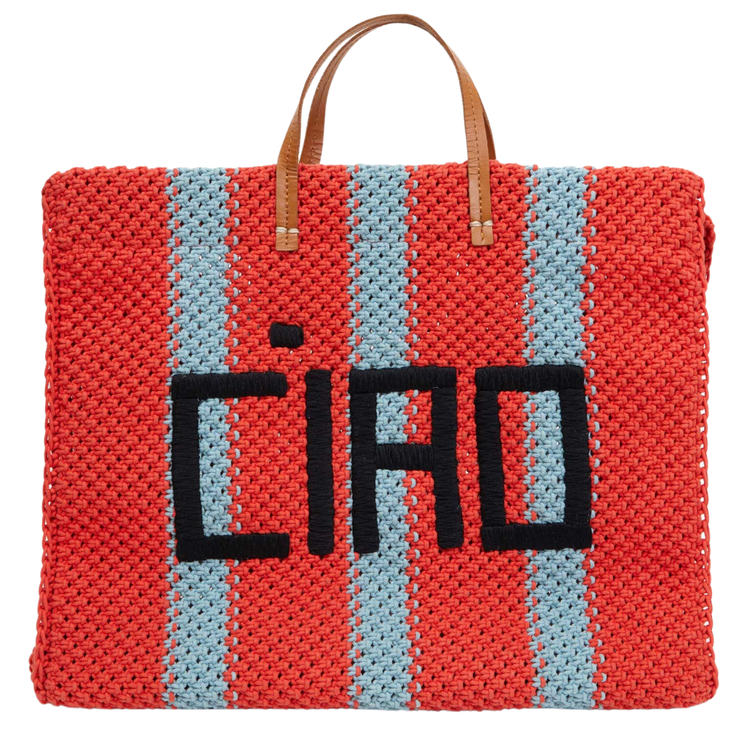 Summer Simple Tote in Bright Pop Sunfaded Blue Crochet Stripe w/ Ciao
