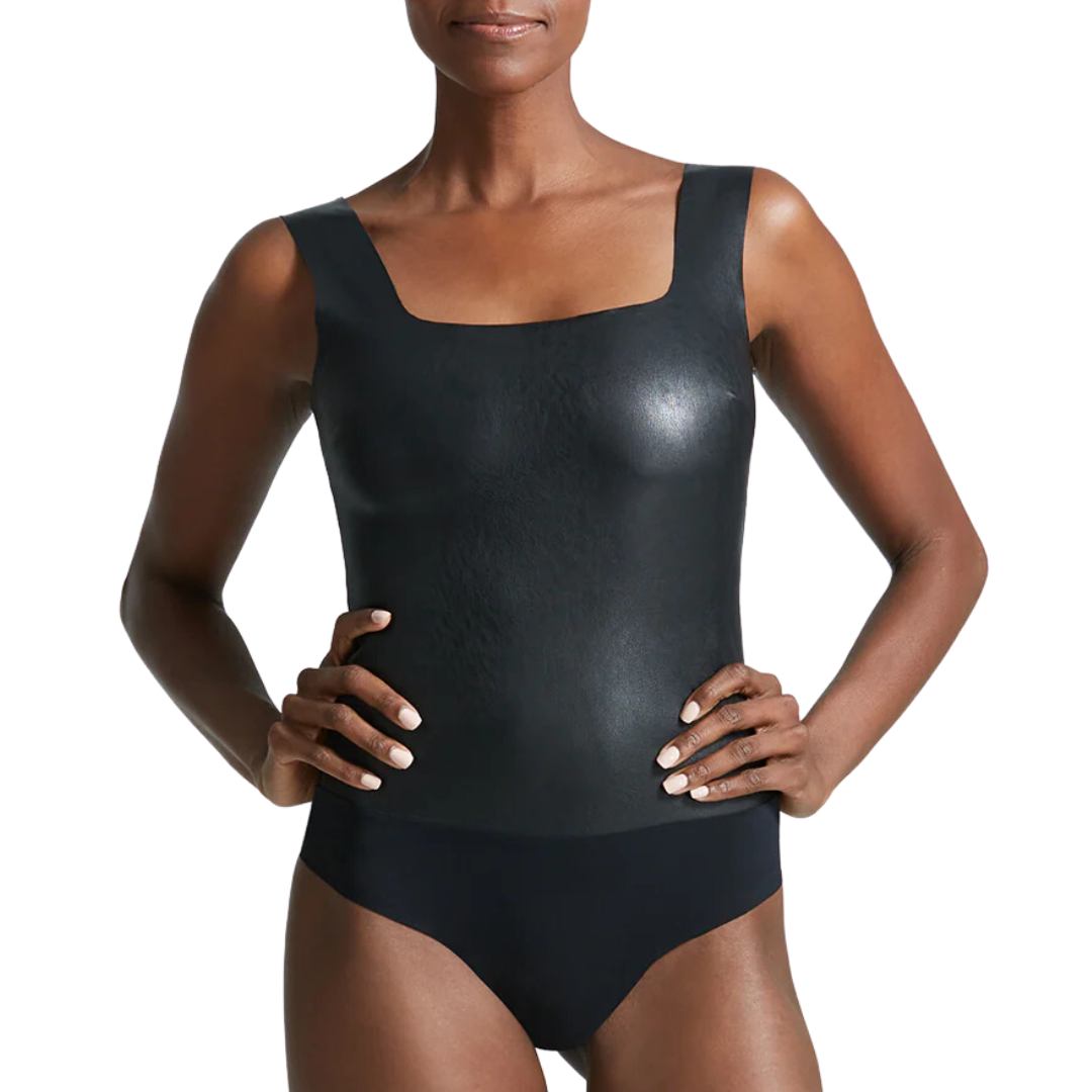Faux Leather Squareneck Bodysuit in Black