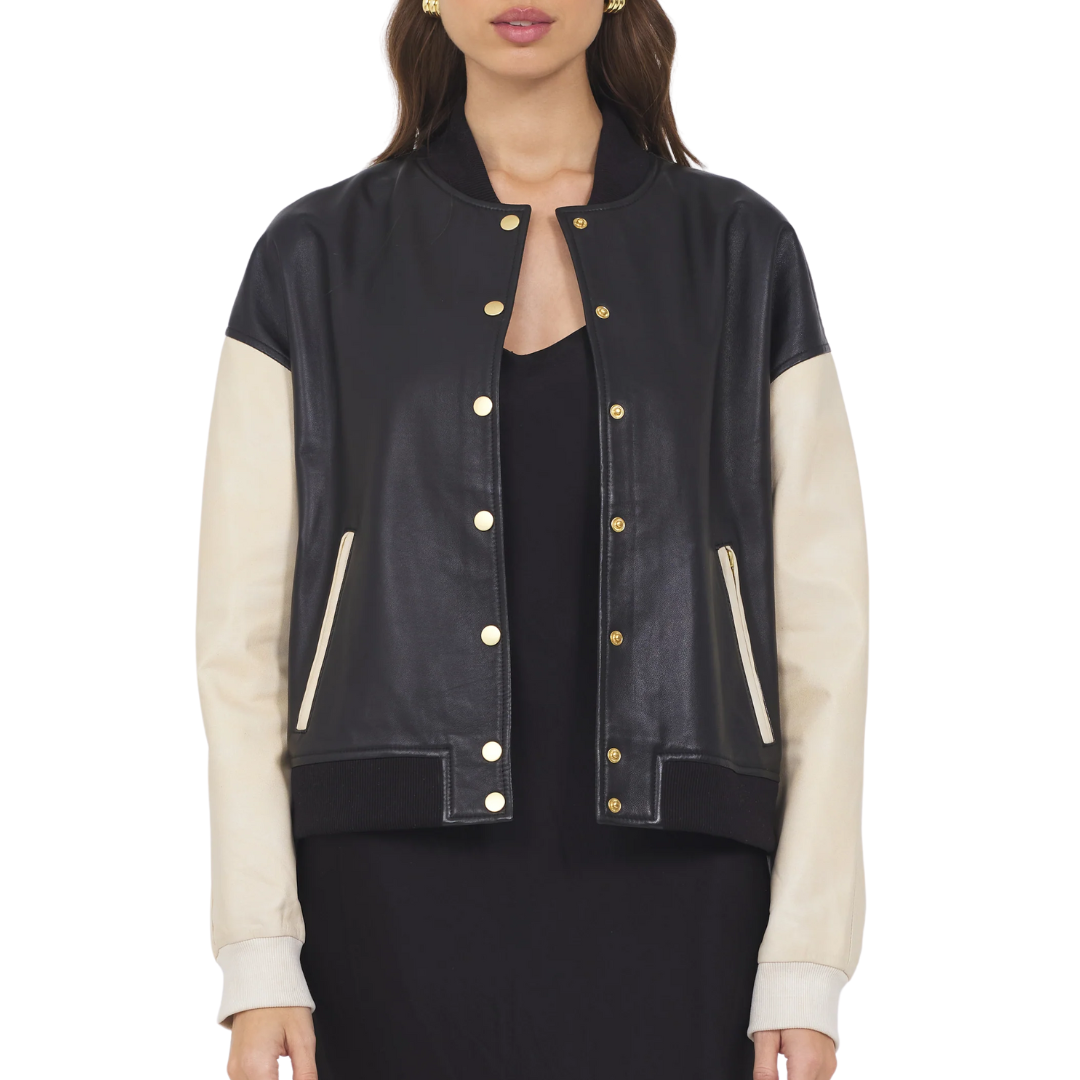 Mae Washed Leather Jacket in Black/Cream