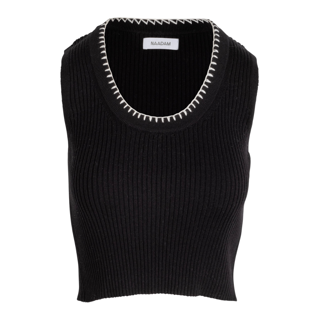 Cotton Cashmere Embroidered Rib Tank Top in Black