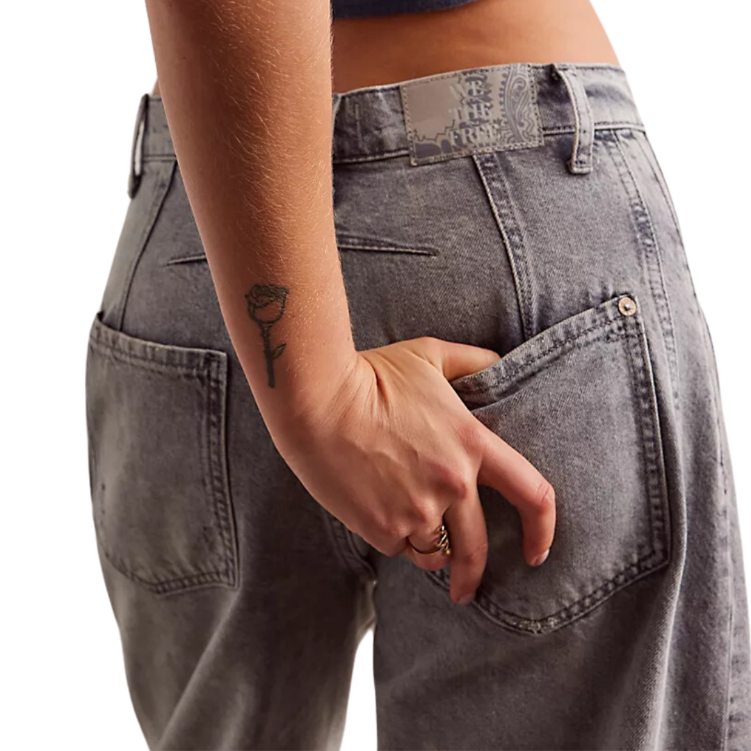 We The Free Good Luck Mid-Rise Barrel Jeans in Falcon Grey