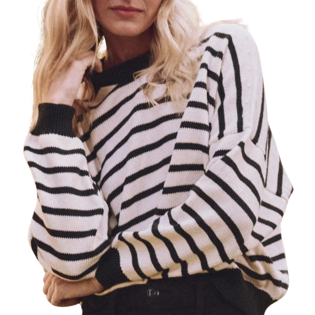 The Roll Neck Pullover in Black and Cream Stripe