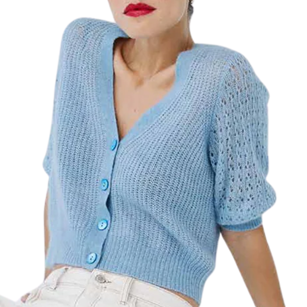 Shaker Cardigan w/ Fancy Stitch Puff Sleeves in Chambray