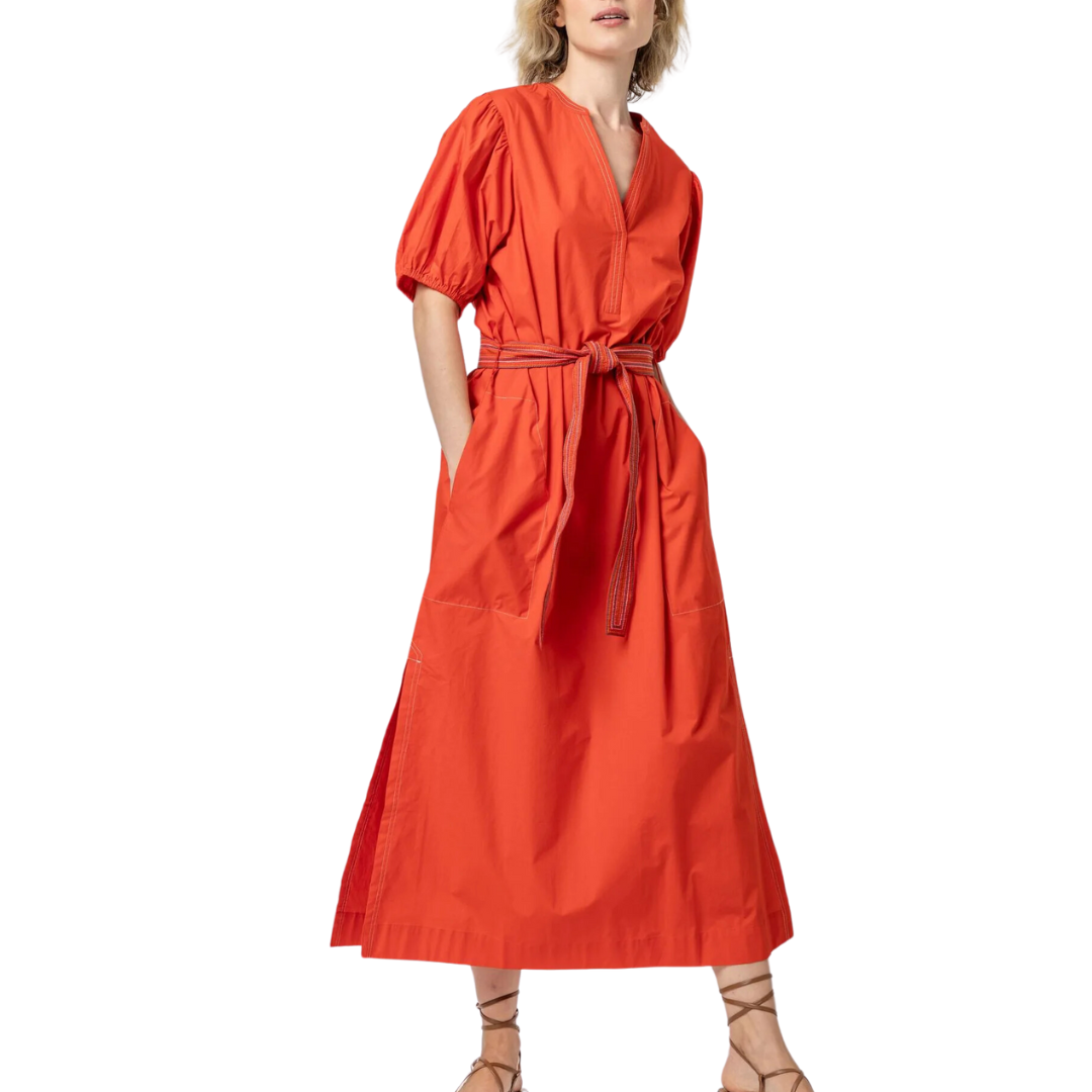 Split Neck Full Sleeve Maxi Dress in Poppy