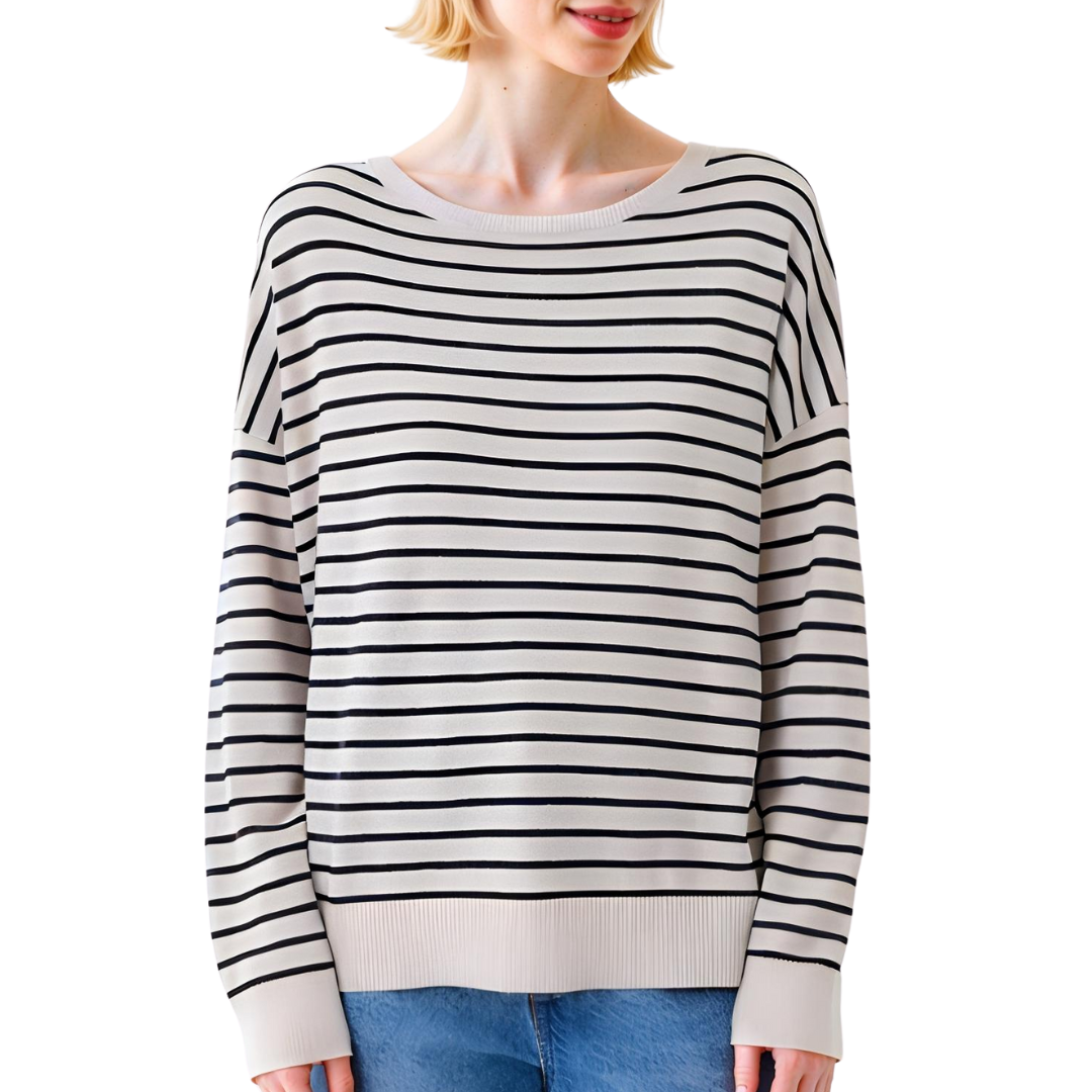 Organic Cotton Striped Boat Neck Long Sleeve Sweater in Chalk