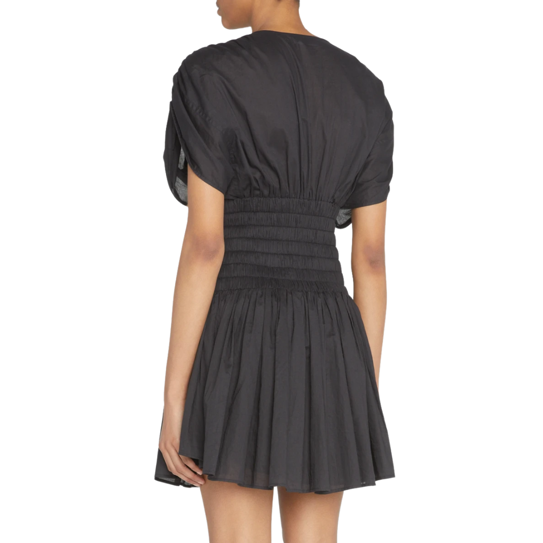 Luna Cotton Smocked Waist Pleated Mini Dress in Black