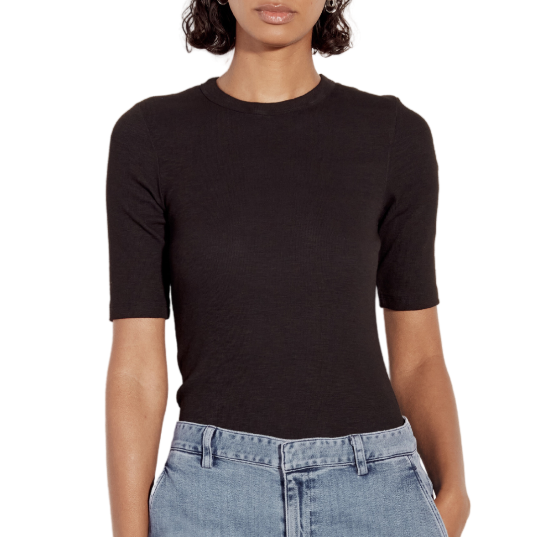 Textured Knit Half Sleeve Bodysuit in Black