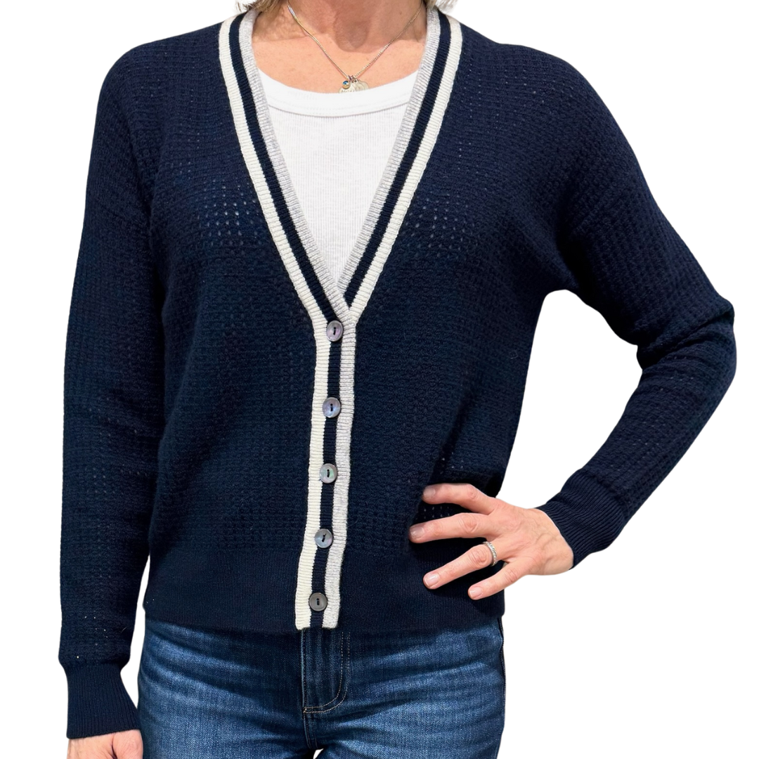 Mesh Cardigan w/ Varsity Stripe in Navy Combo