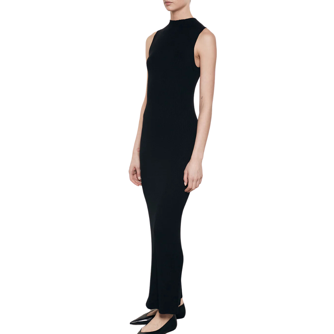 Silk Sweater Knit Mockneck Dress in Black