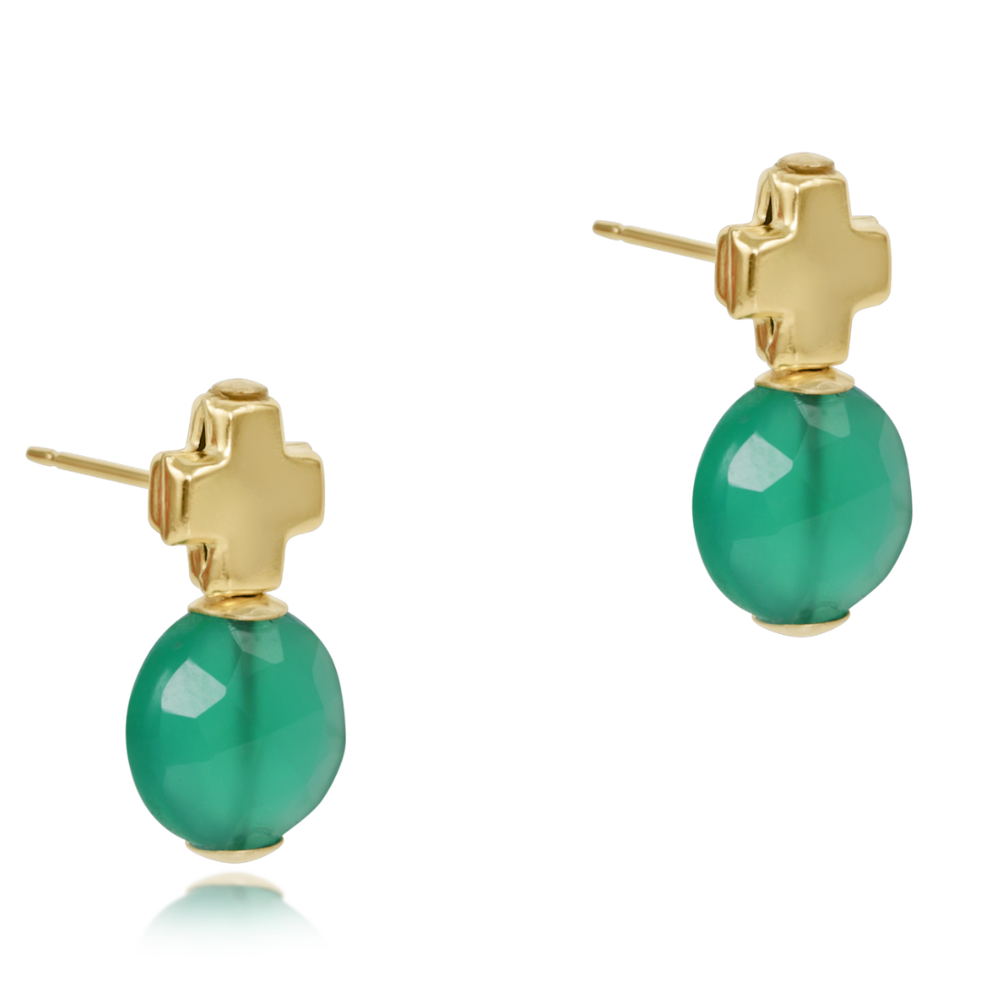 Signature Cross Gold Stud Earrings in Green Onyx