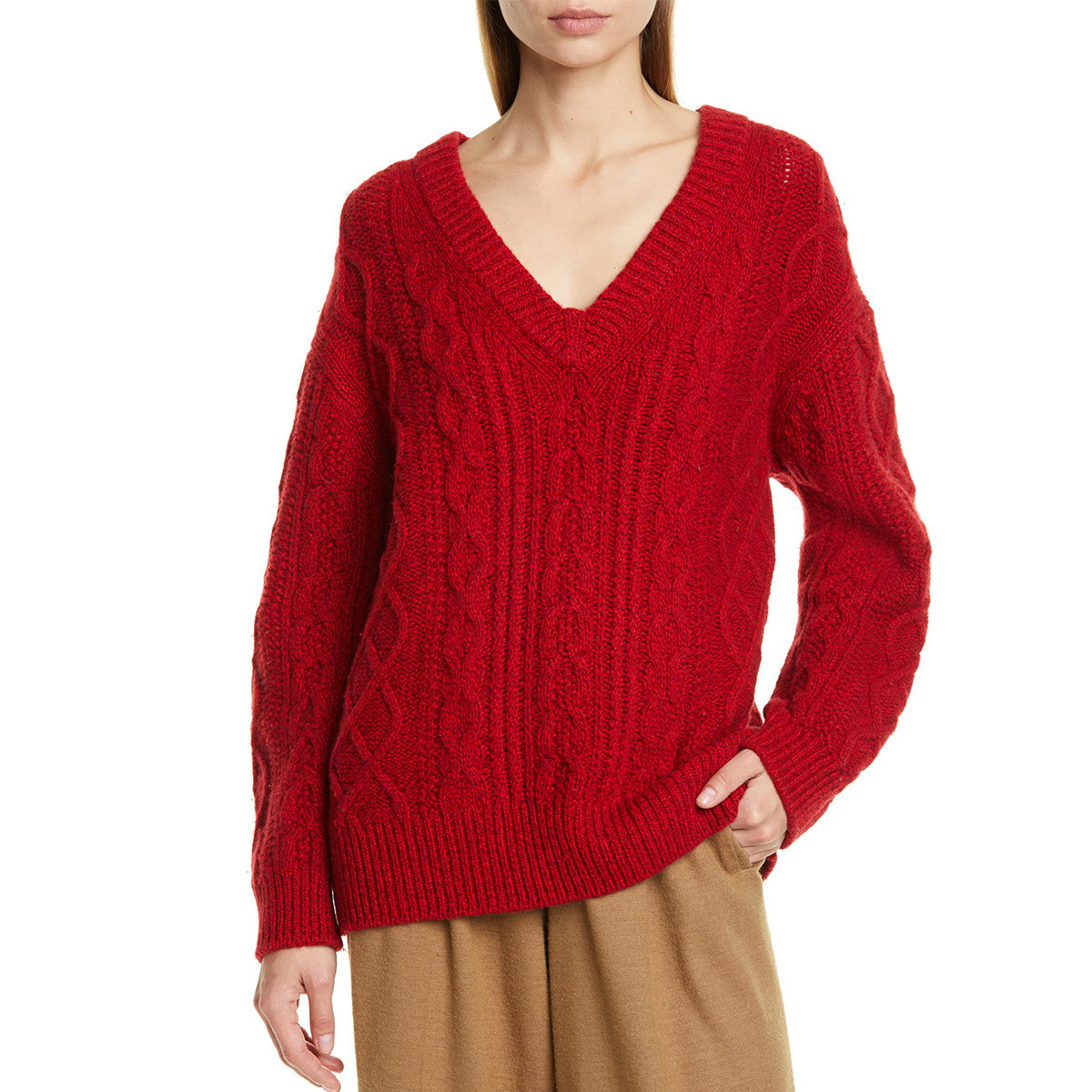 Wool and Cashmere Cable Knit V-Neck Sweater