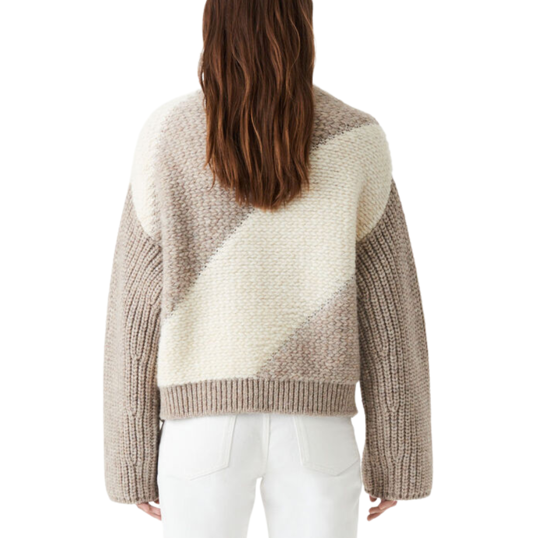 Arzel Two-Tone Round-Neck Sweater in Taupe/Ecru