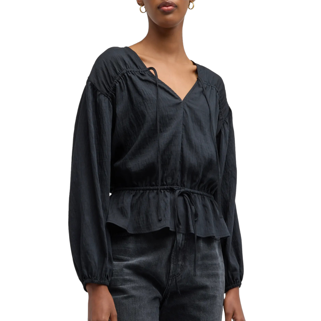 Abra Long-Sleeve Peplum-Hem Blouse in Black