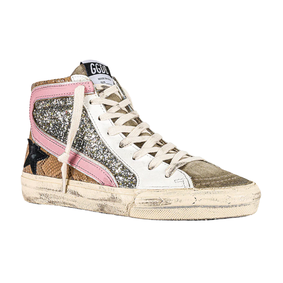 Slide Mid-Top Snake Glitter Sneakers in Platinum/Beige/Taupe