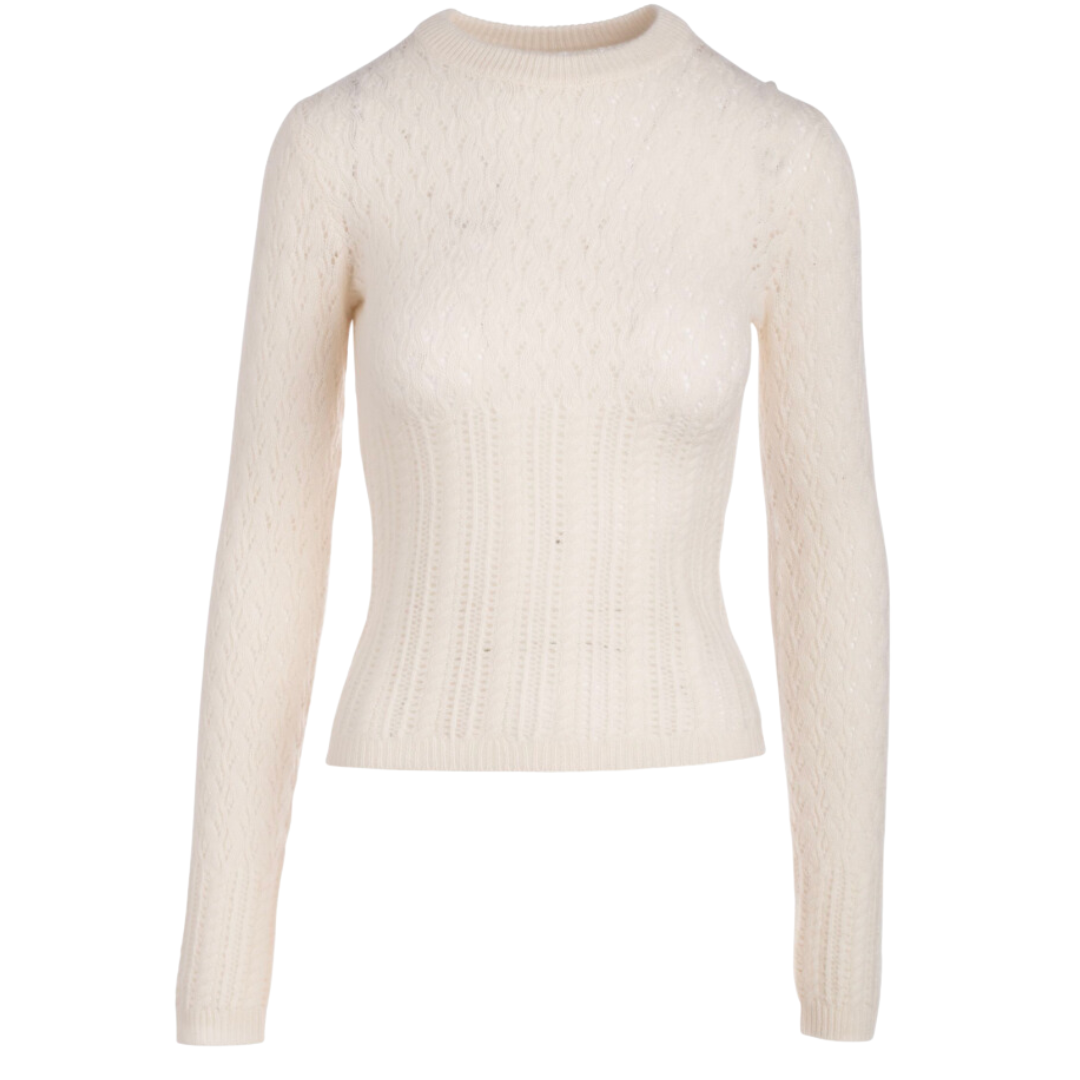 Wool Cashmere Mixed Pointelle Fitted Crew in White