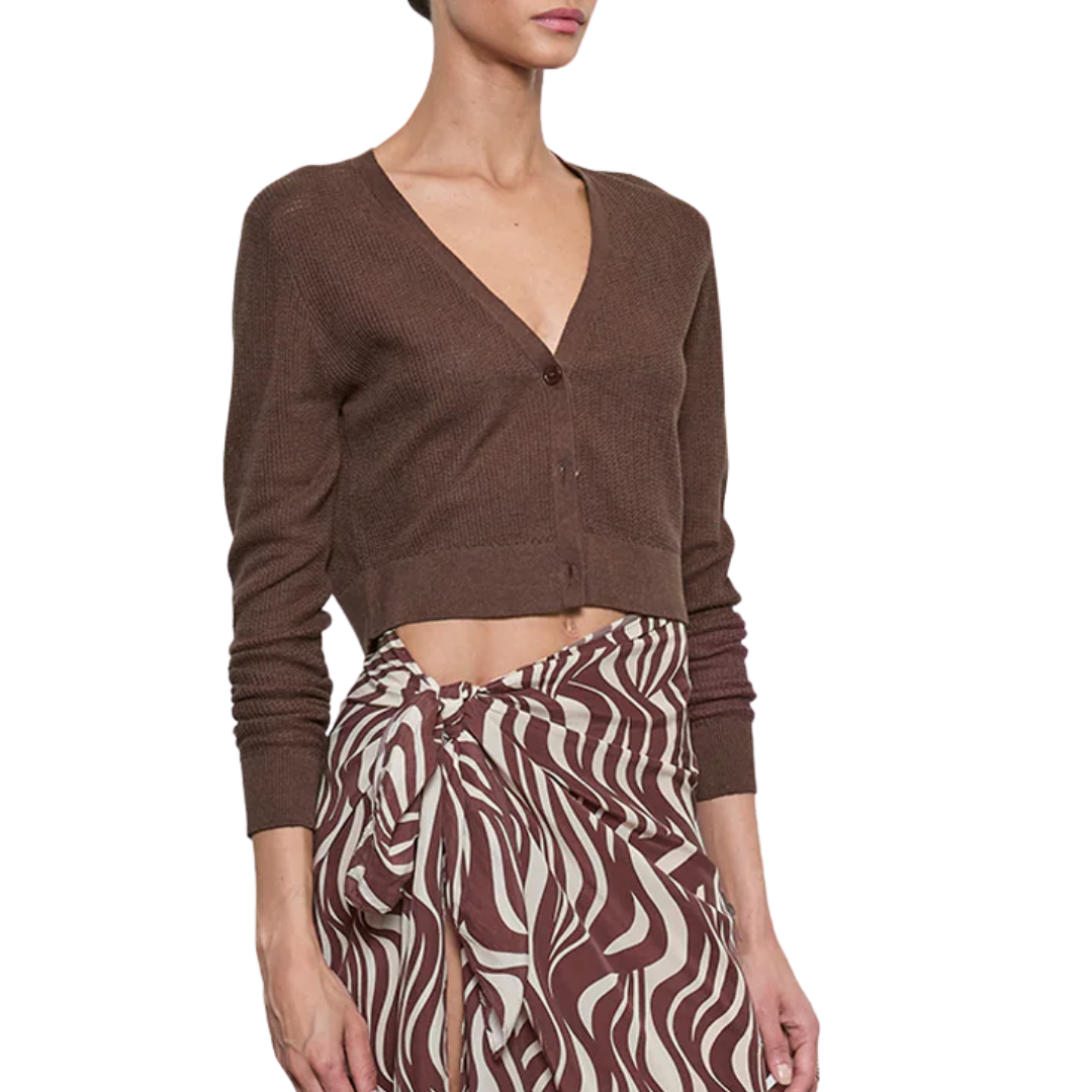 Linen Open Knit Cropped V Neck Cardigan in Chocolate
