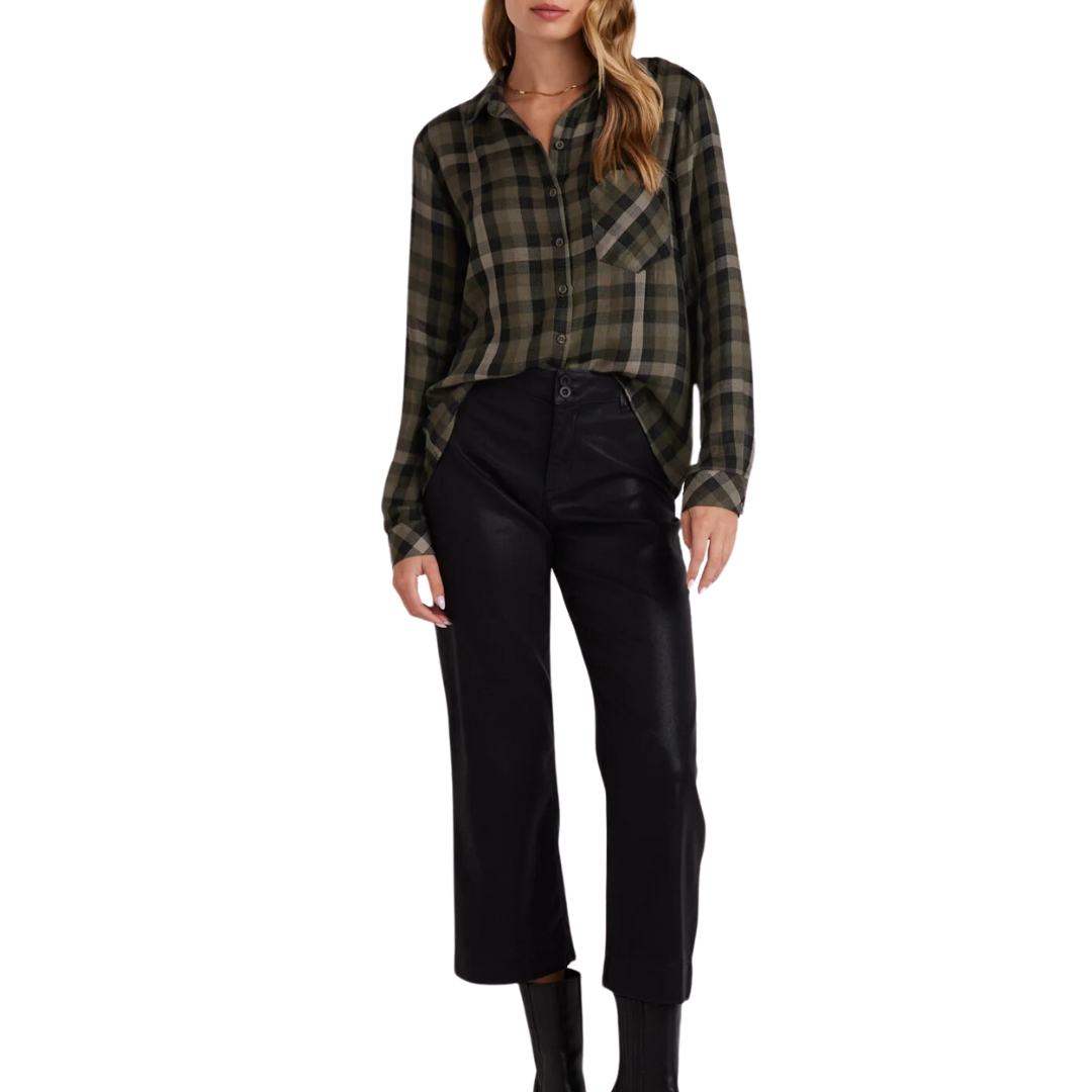 Slouchy Pocket Button Down in Olive Plaid