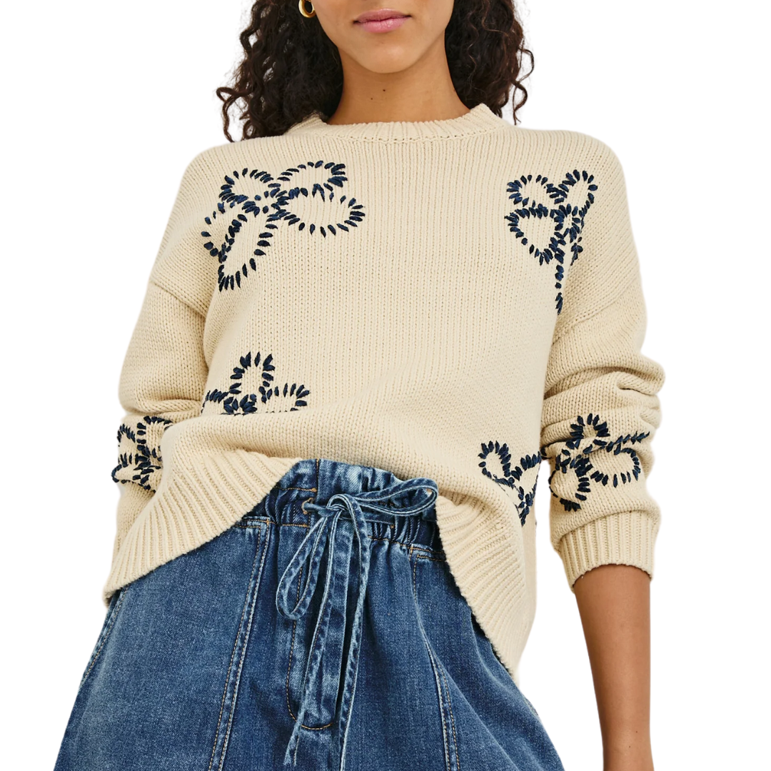 Zoey Sweater in Ivory Navy Stitched Daisies