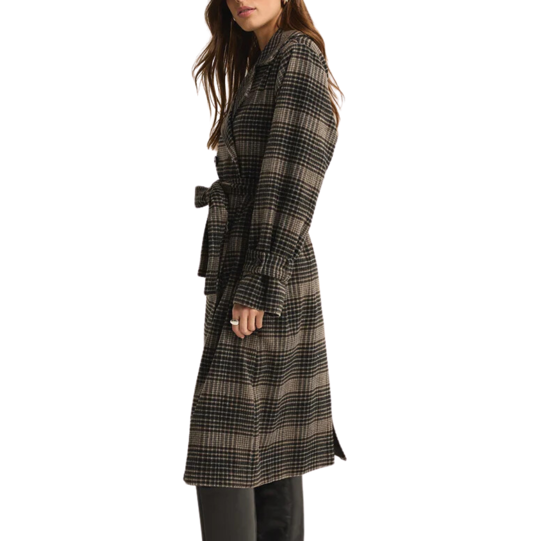 Jackie Plaid Trench in Latte