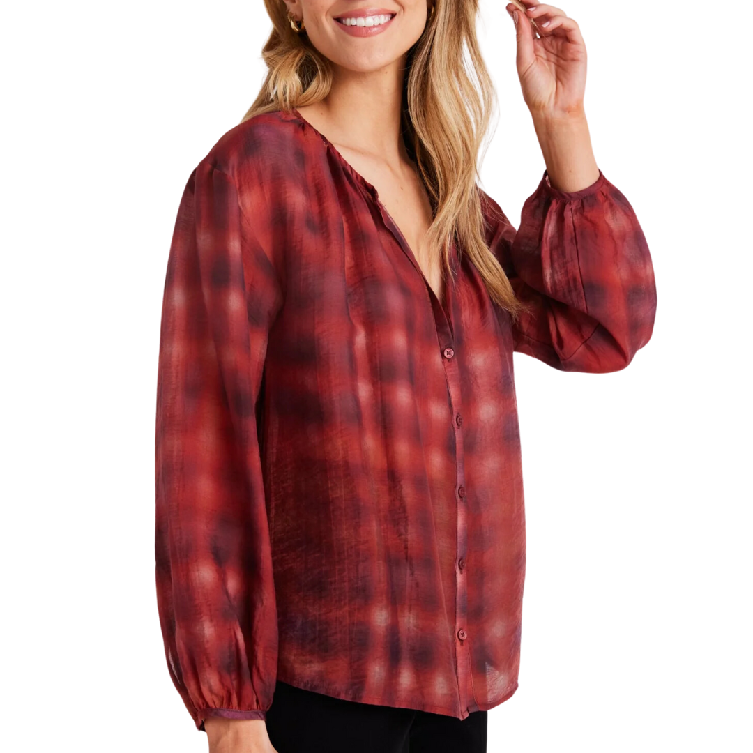 Shirred Neck Blouse in Blurred Plaid Print