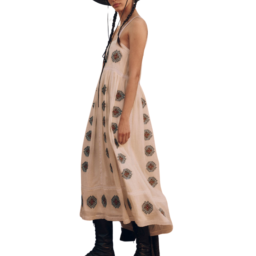 The Roam Dress with Folklore Embroidery in Cream