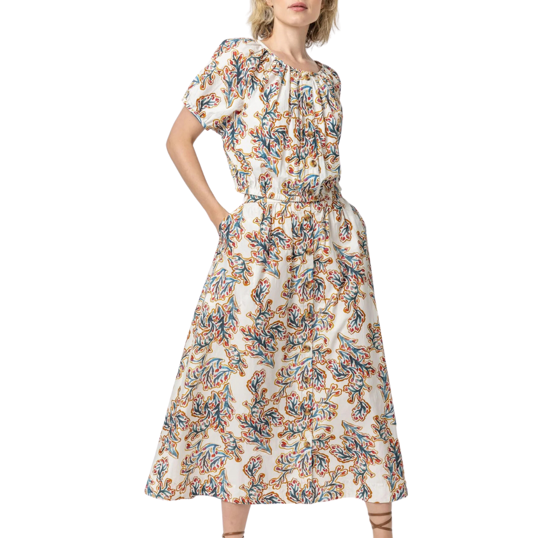 Elastic Hem Button Front Top in Spring Watercolor