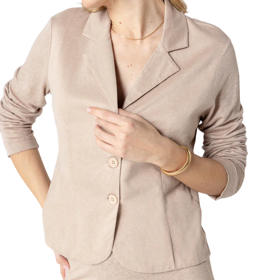 Stretch Linen Three Button Blazer in Desert