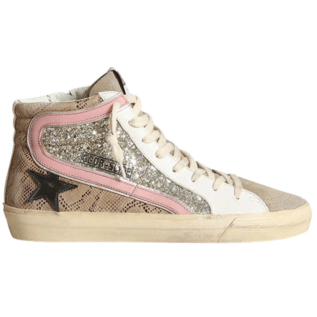 Slide Mid-Top Snake Glitter Sneakers in Platinum/Beige/Taupe