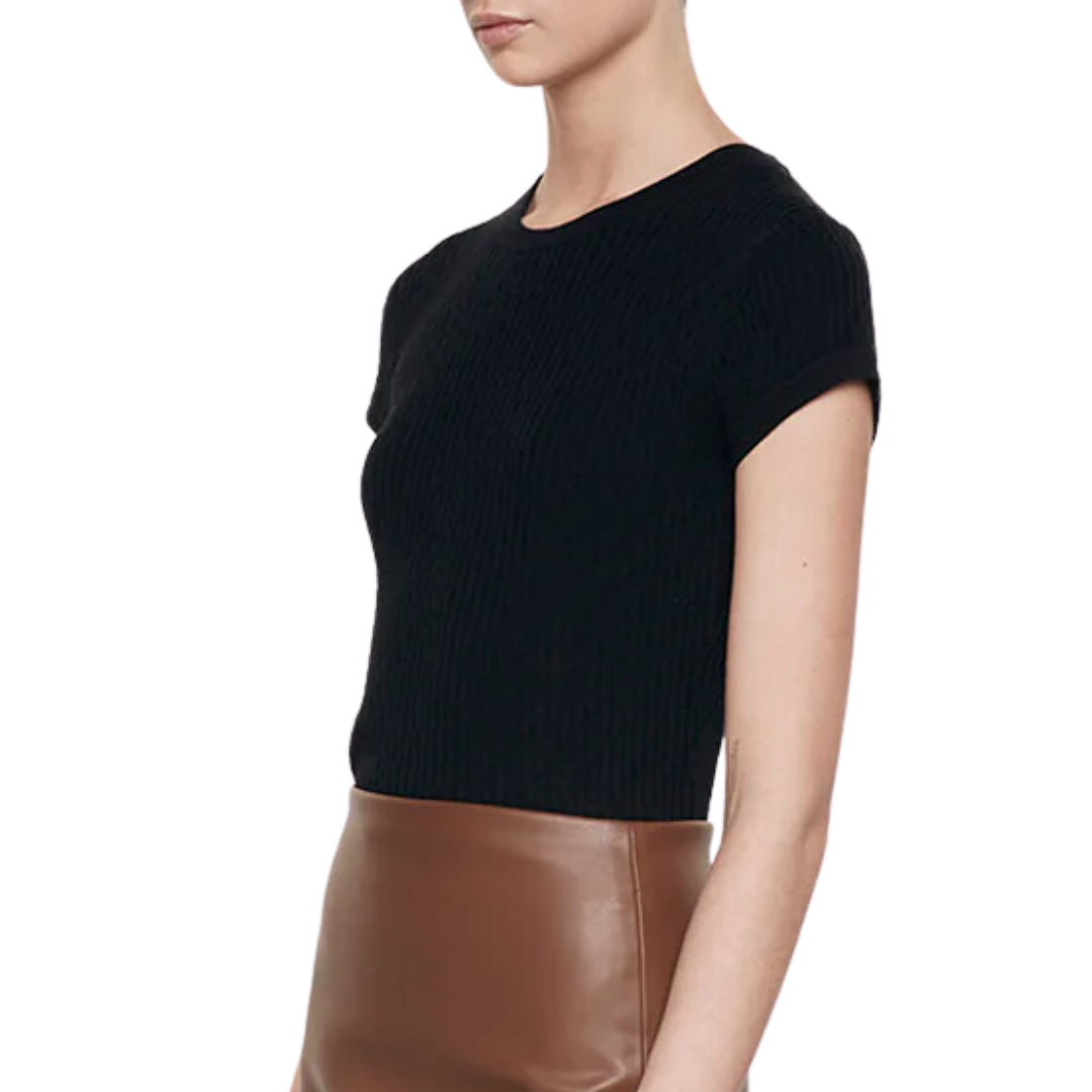 Cashmere Cotton Pointelle Cap Sleeve Crew in Black