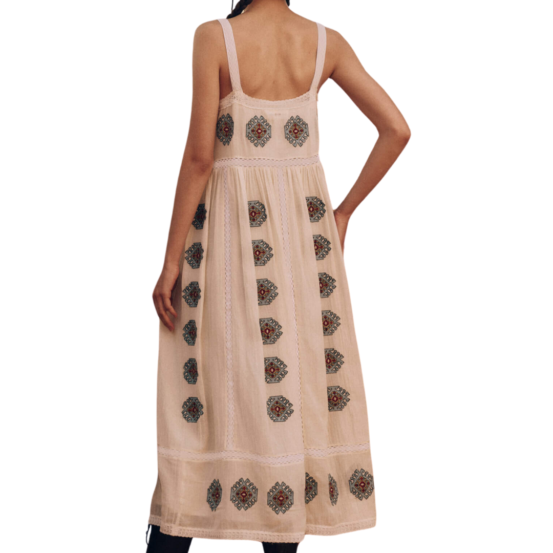 The Roam Dress with Folklore Embroidery in Cream