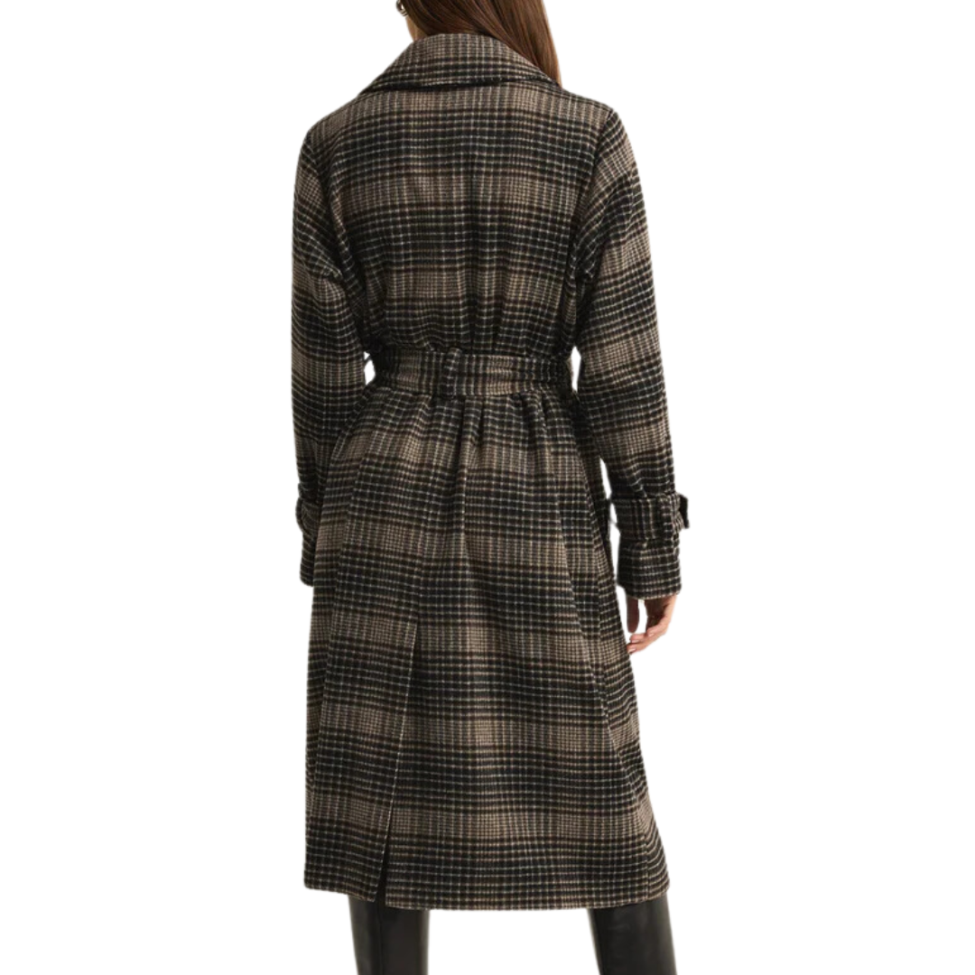 Jackie Plaid Trench in Latte