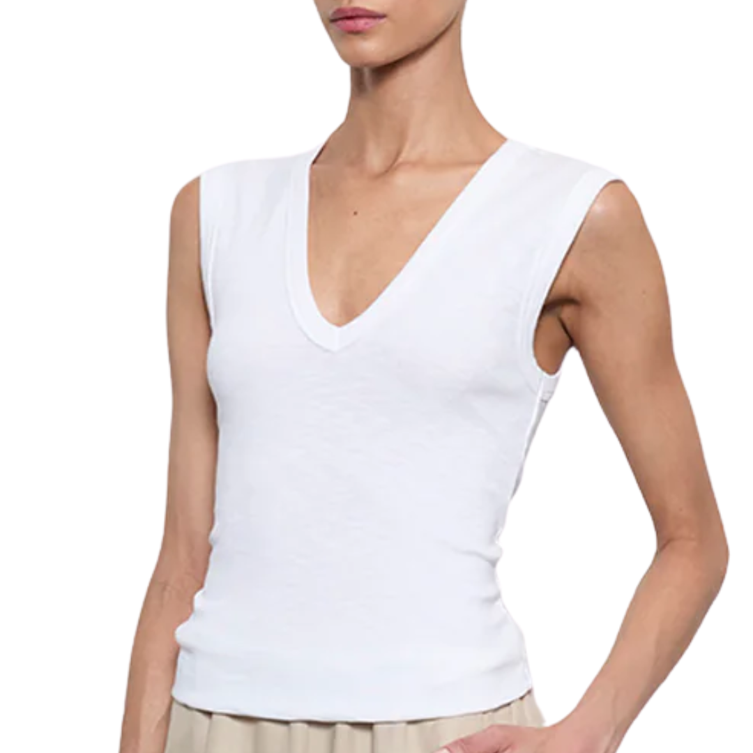 Textured Rib Sleeveless V in White