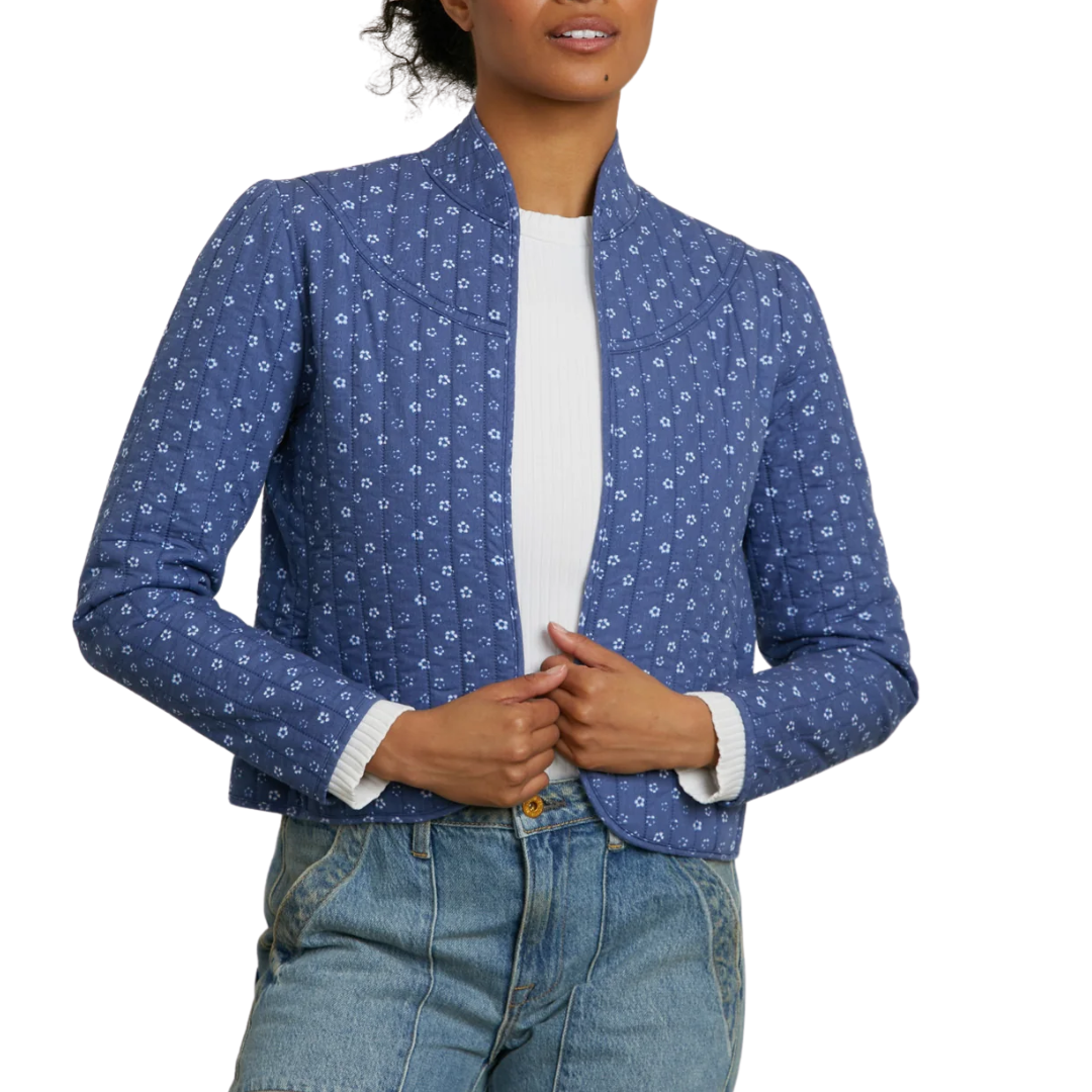 Daisy Crop Quilted Jacket in Indigo Flower