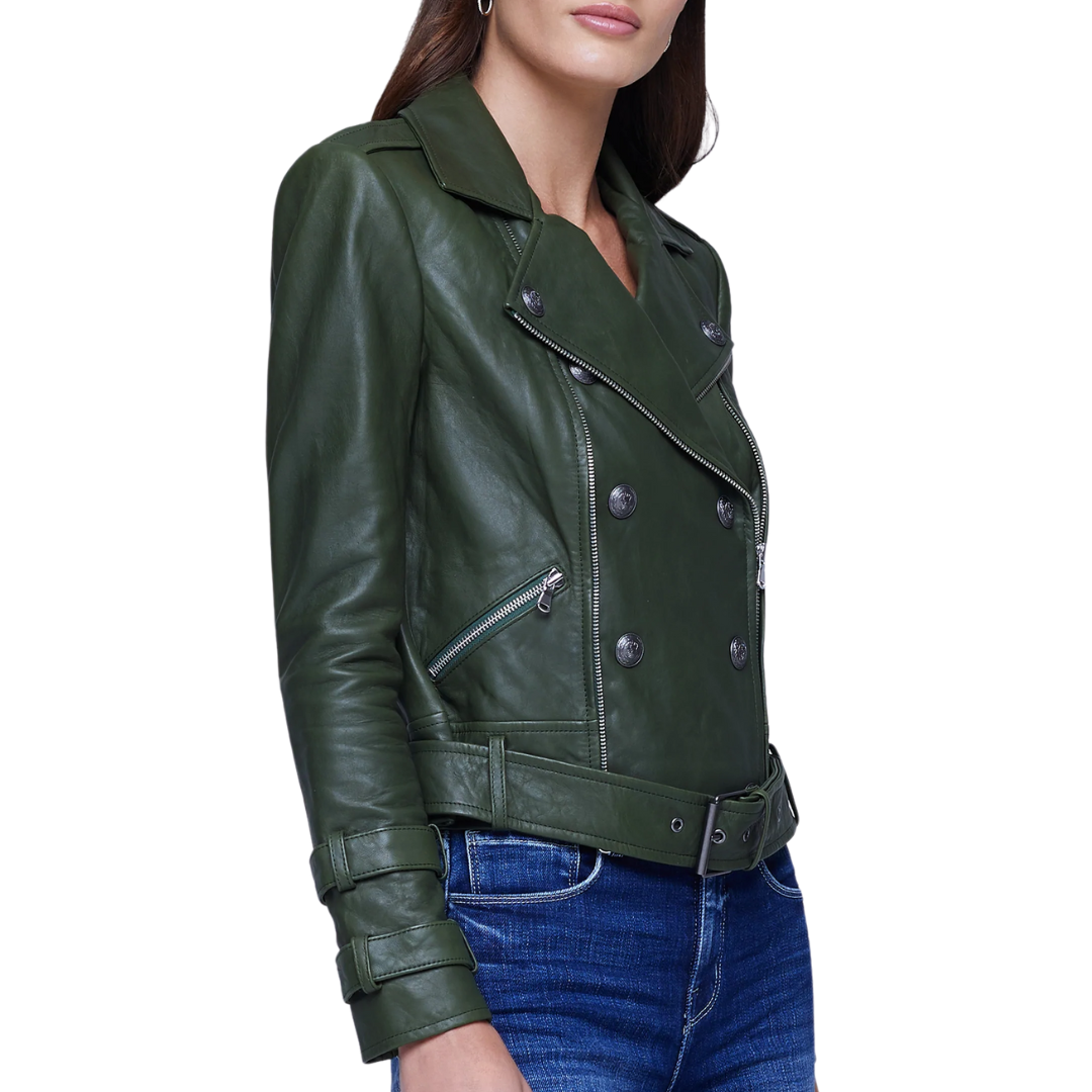 Billie Belted Leather Jacket in Dark Moss