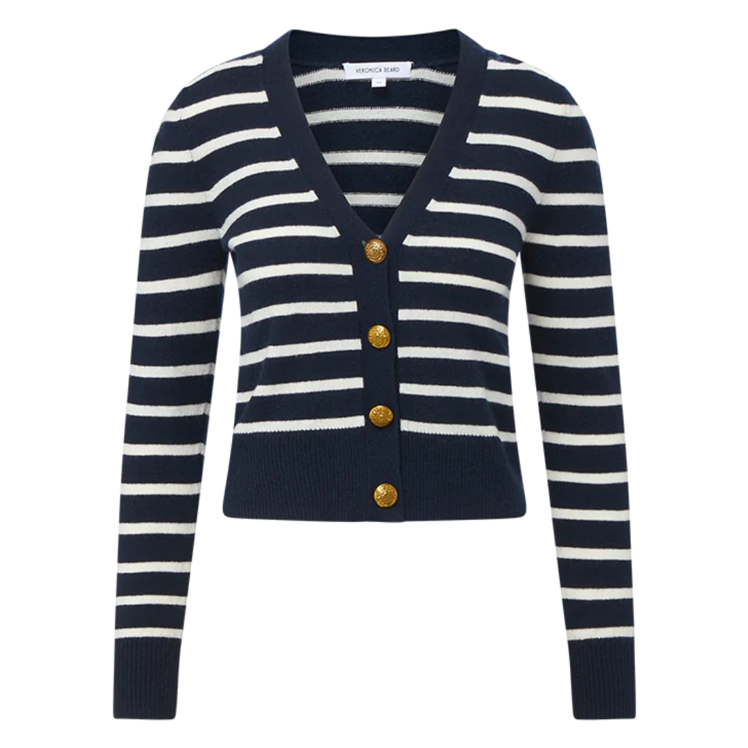 Solene Cashmere Striped Cardigan in Navy/Ivory