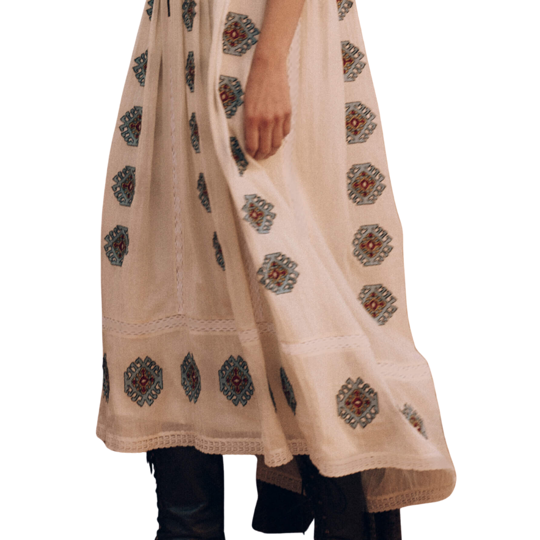 The Roam Dress with Folklore Embroidery in Cream
