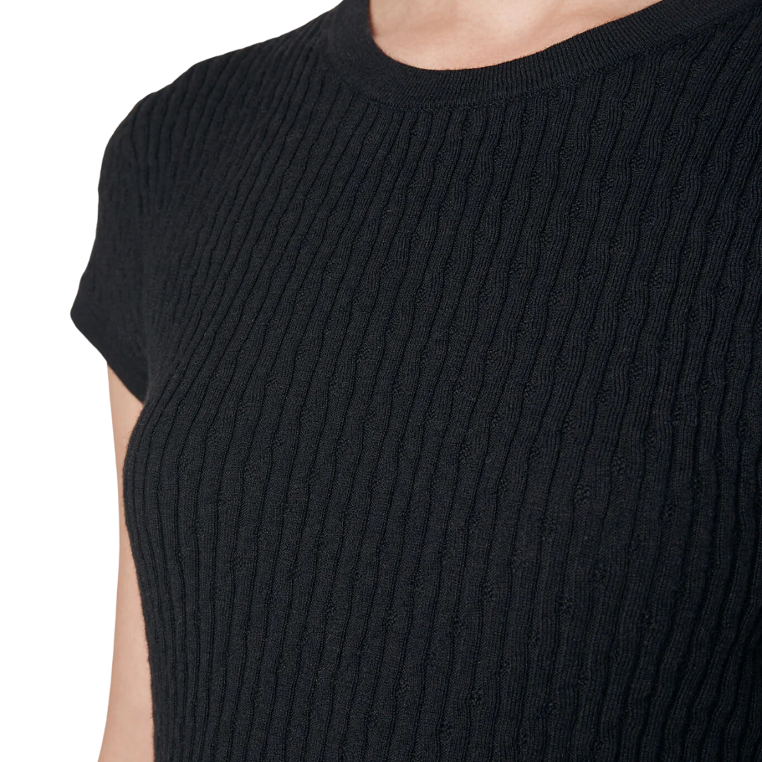 Cashmere Cotton Pointelle Cap Sleeve Crew in Black