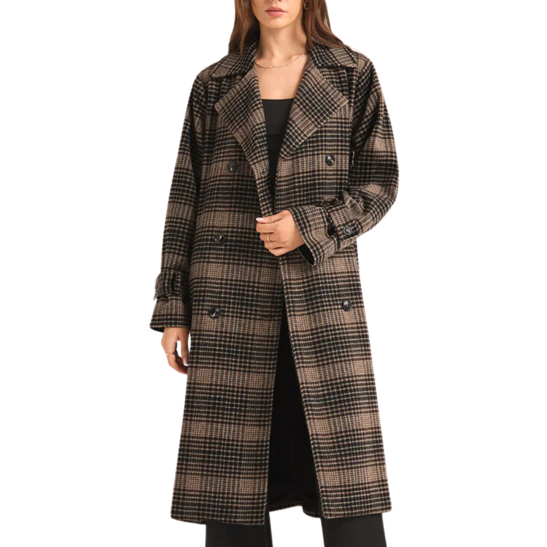 Jackie Plaid Trench in Latte