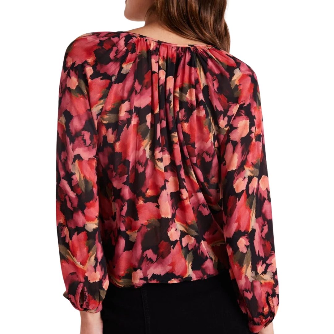Shirred Raglan Tie Front Blouse in Autumn Bloom Print