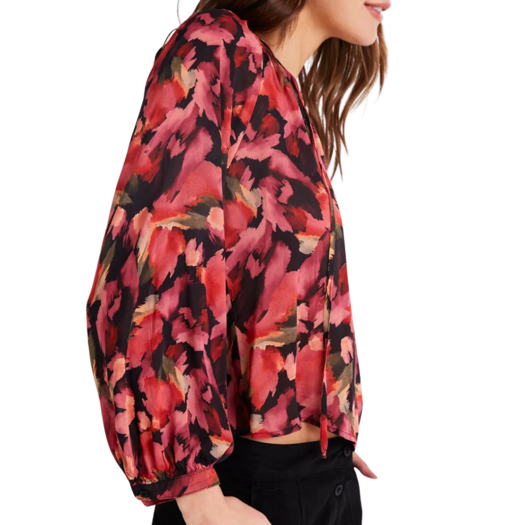 Shirred Raglan Tie Front Blouse in Autumn Bloom Print