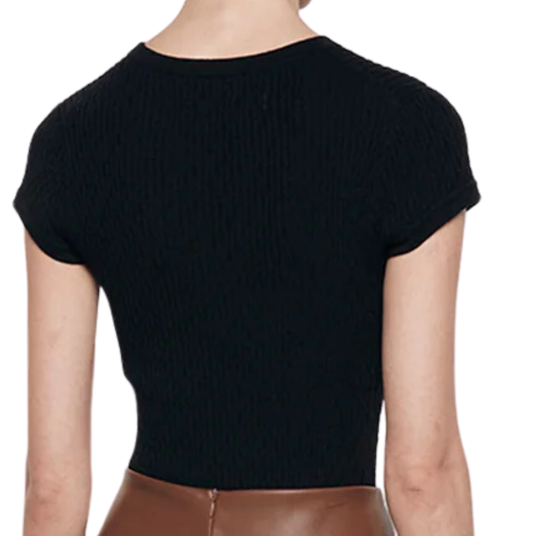Cashmere Cotton Pointelle Cap Sleeve Crew in Black