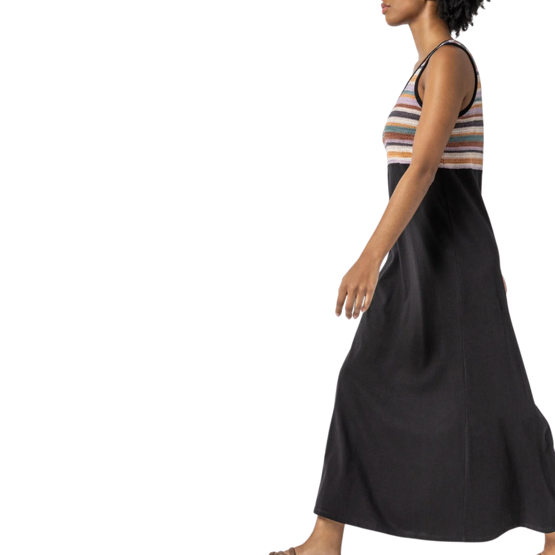 Crochet Insert Maxi Dress in Black Multi
