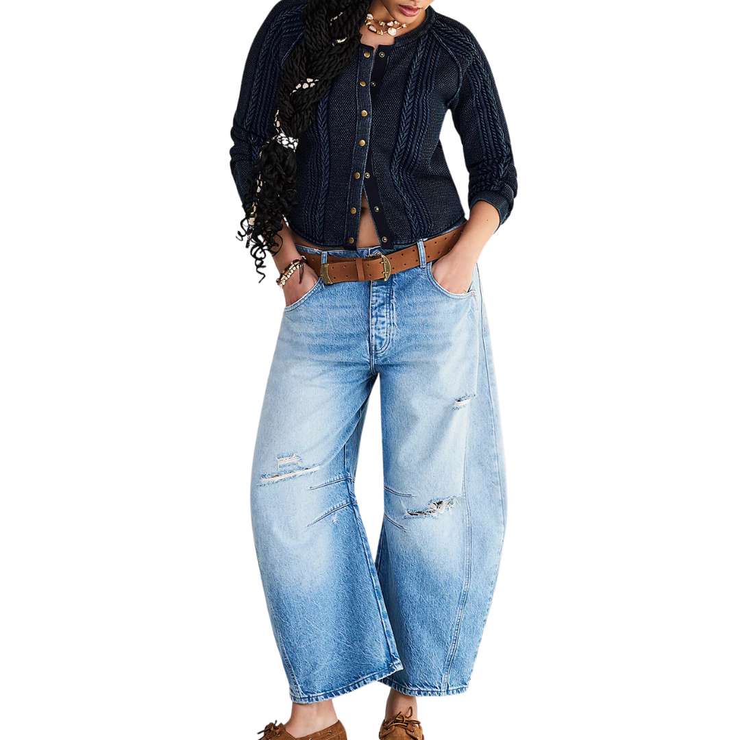 We The Free Good Luck Mid-Rise Barrel Jeans in Barnyard Blue