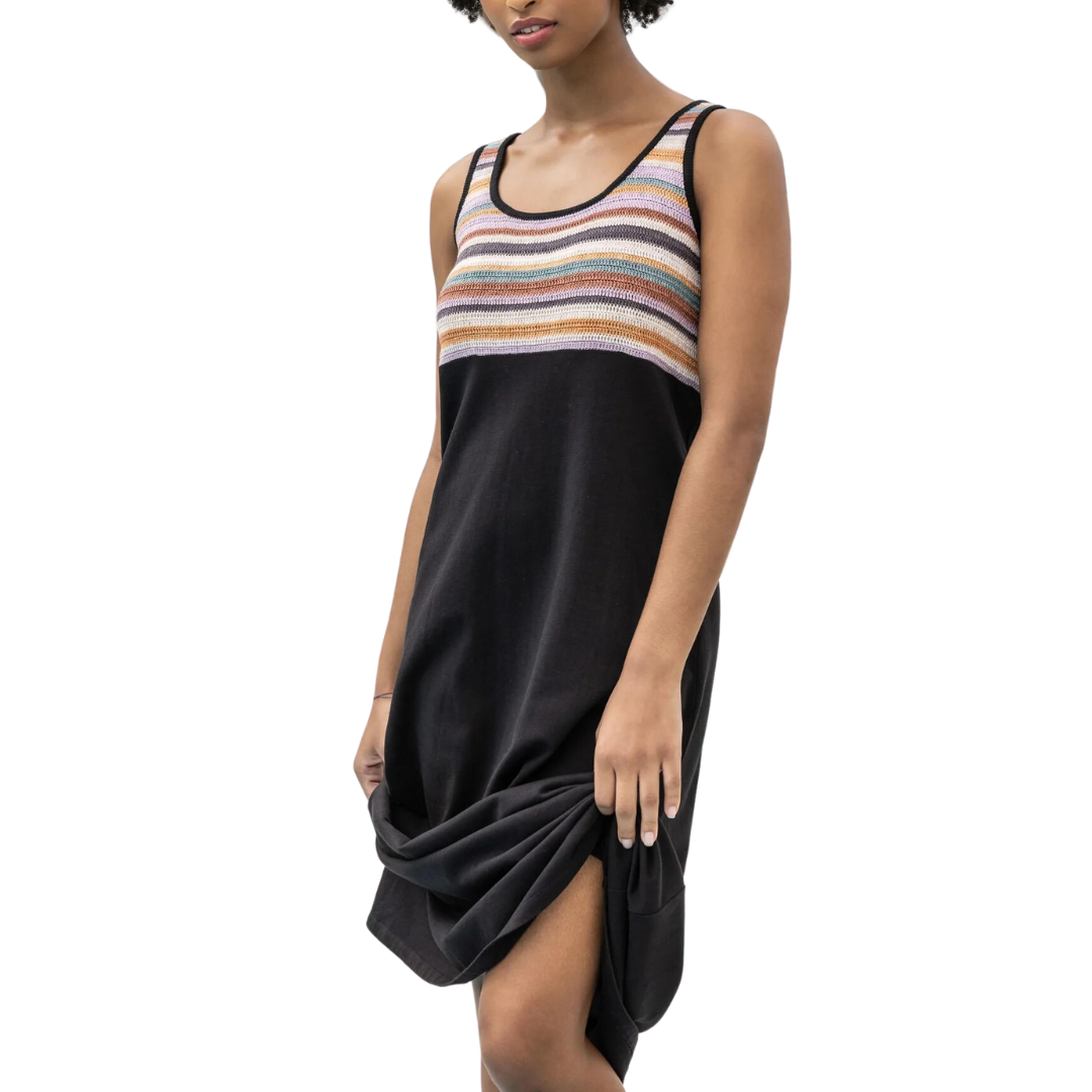 Crochet Insert Maxi Dress in Black Multi
