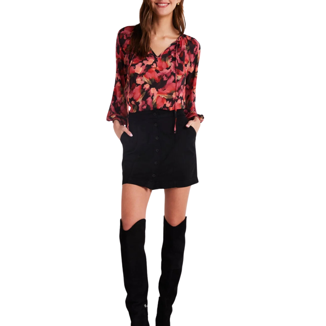 Shirred Raglan Tie Front Blouse in Autumn Bloom Print