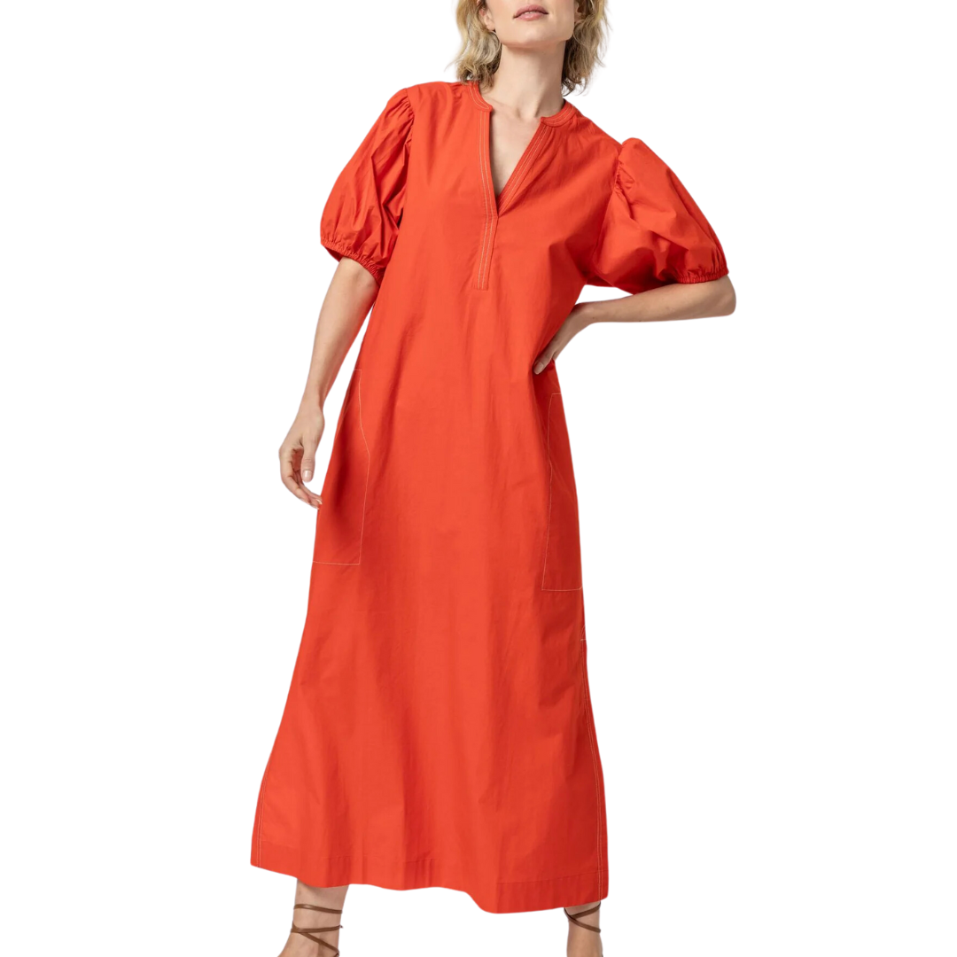 Split Neck Full Sleeve Maxi Dress in Poppy