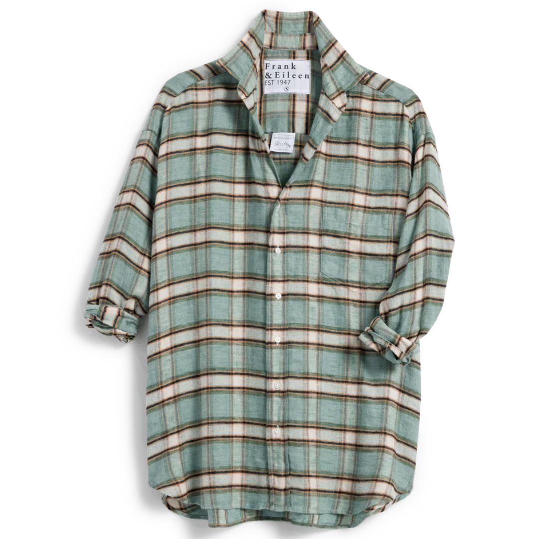 Shirley in Italian Linen Green and Sand with Black Plaid
