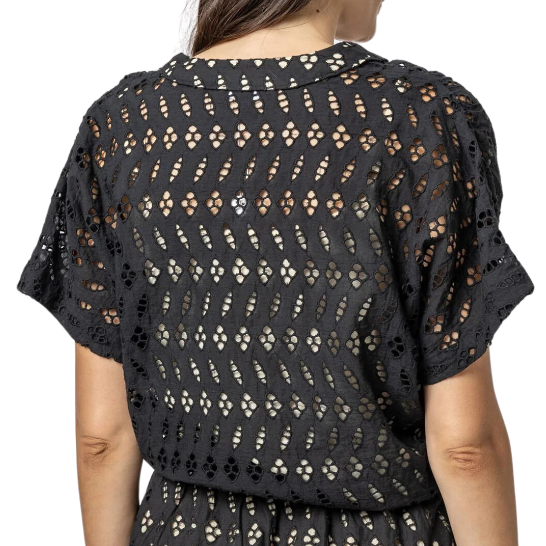 Eyelet Drawstring Dolman V-Neck in Black